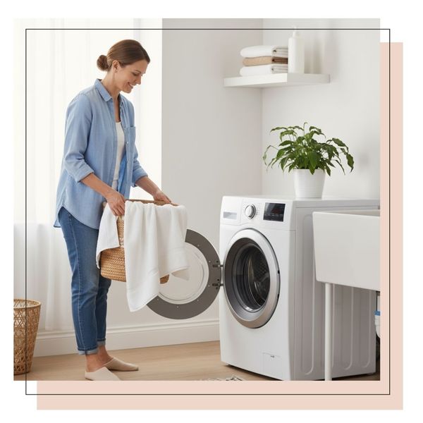 woman happily putting luaundry in washer woman happily putting luaundry in washer