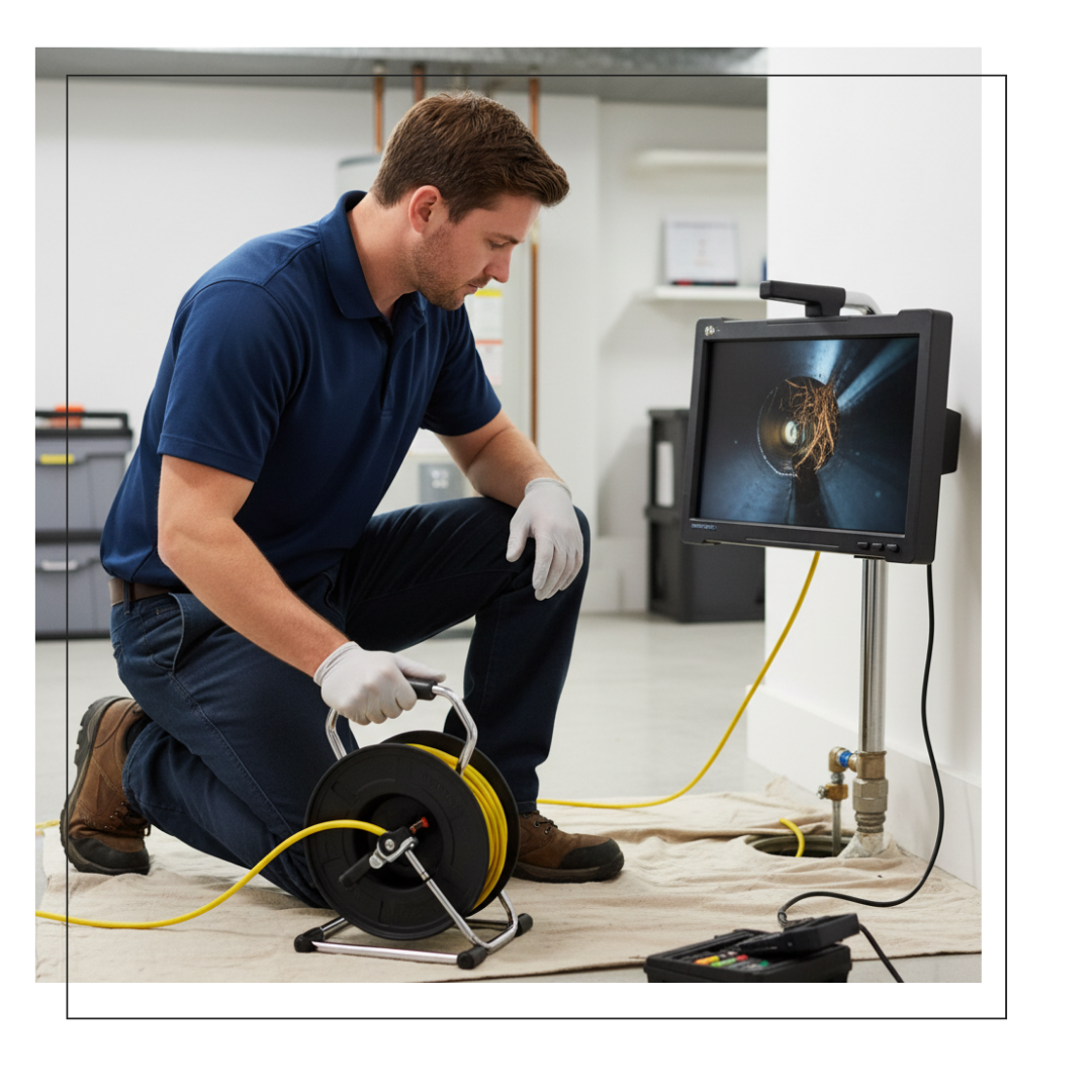 plumber monitoring pipe camera on screen