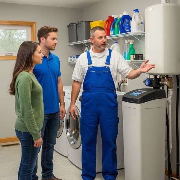 A professional plumber explaining a water softener unit to a couple in a home utility room.