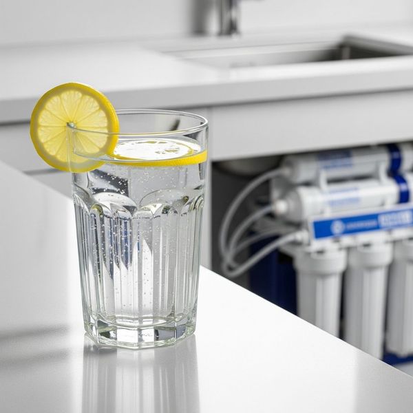 A close-up of a glass of crystal-clear water with a lemon slice on a modern kitchen counter, suggesting high-quality drinking water.