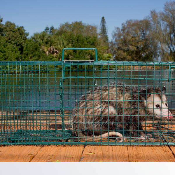 A opossum in a cage on a dock in front of a small lake wildlife control - Image 2.png