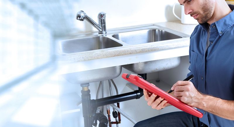 plumber in front of kitchen sink