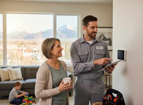 HVAC technician explaining smart thermostat to a homeowner