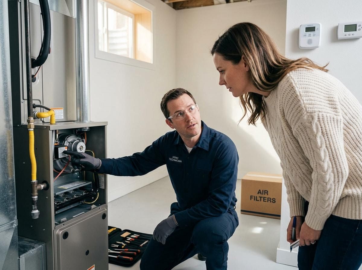 HVAC technician explains furnace to a homeowner