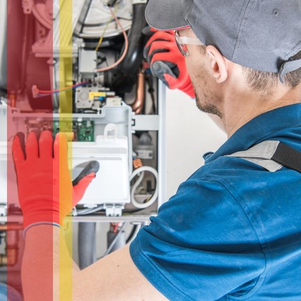 Technician maintaining central gas furnace