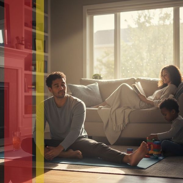 A family enjoying a comfortable and well-tempered living room, with natural light streaming in. A woman relaxes on the sofa reading, a child plays with blocks on the floor, and a man stretches on a yoga mat, all appearing content and at ease.