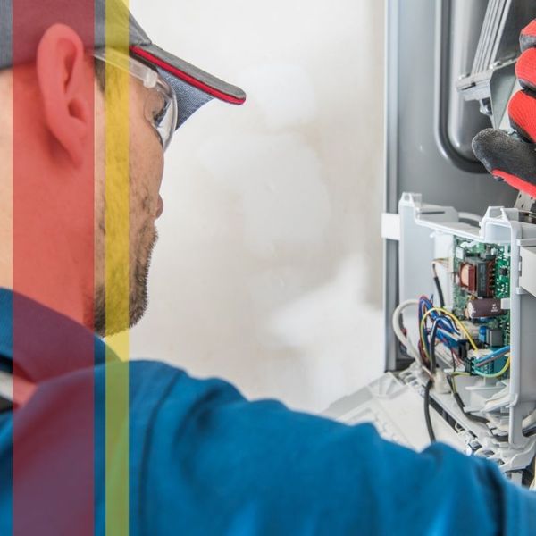 A technician in a Total Comfort uniform inspecting the blower motor and interior components of a residential gas furnace. centennial1.jpg