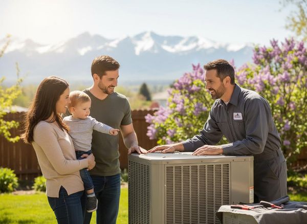 HVAC Technician Explaining AC Unit to Family in Backyard