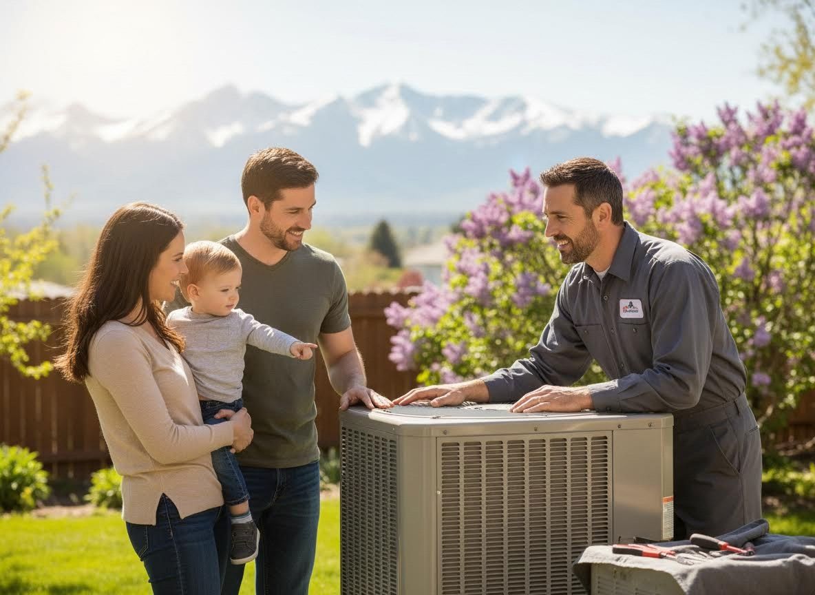 HVAC Technician Explaining AC Unit to Family in Backyard