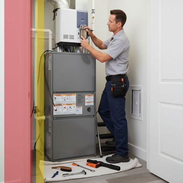Expert technician servicing a modern residential HVAC system in a utility room, standing on a small ladder to reach the upper components, emphasizing comprehensive system care.