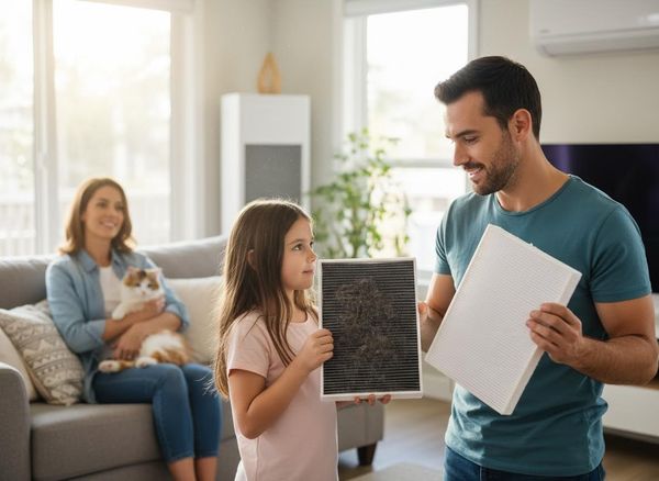 Father and daughter comparing air filters