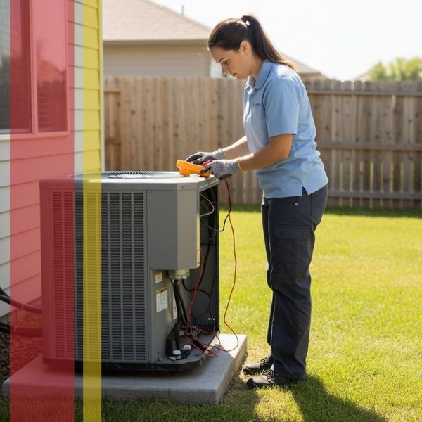 A female HVAC technician in a light blue polo and work pants is diligently performing maintenance on an outdoor air conditioning unit in a residential backyard. She is focused, using a multimeter to check the electrical components of the AC condenser.