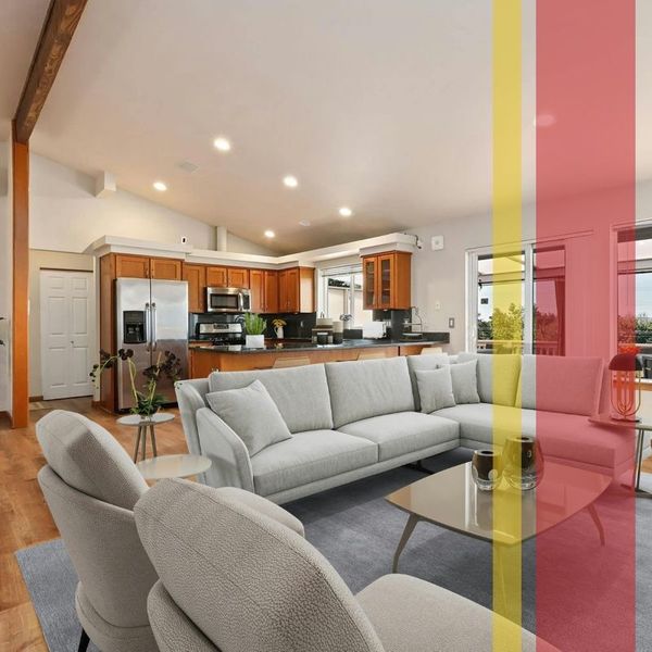 comfortable living room and kitchen with forced air HVAC system