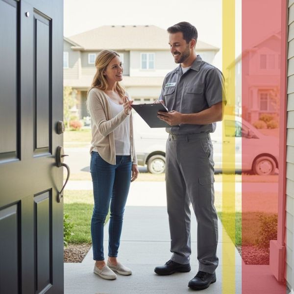 A friendly male HVAC technician in a grey uniform stands on a porch, holding a clipboard and talking with a smiling female homeowner.