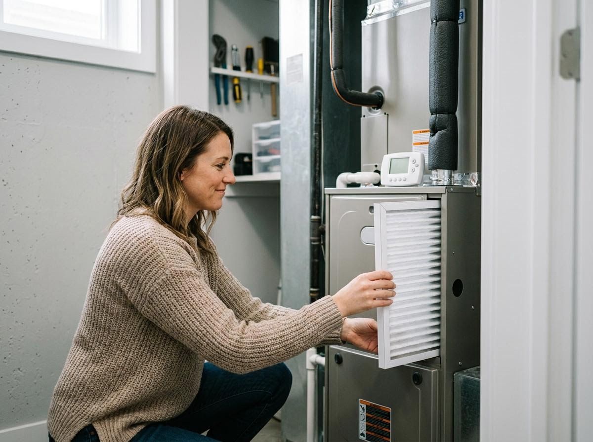 Woman Installing Air Filter in Furnace