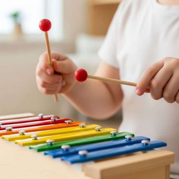 A close-up of a child’s hands playing a colorful xylophone, showing fine motor skill development.