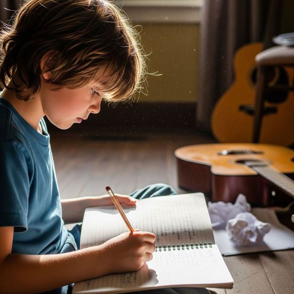 A focused child sits in a sunlit room writing song lyrics in a personal notebook.