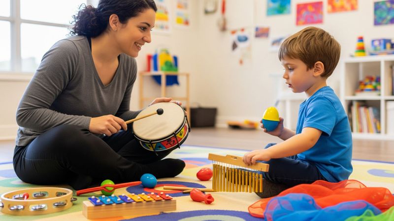 A music therapist and a young child play with musical instruments together in a bright, welcoming room.