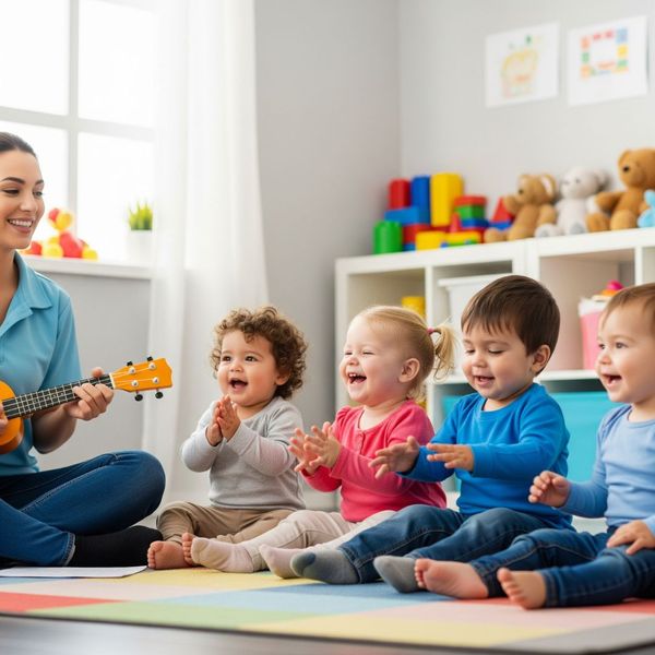 A group of young children joyfully sing together during a music therapy session.