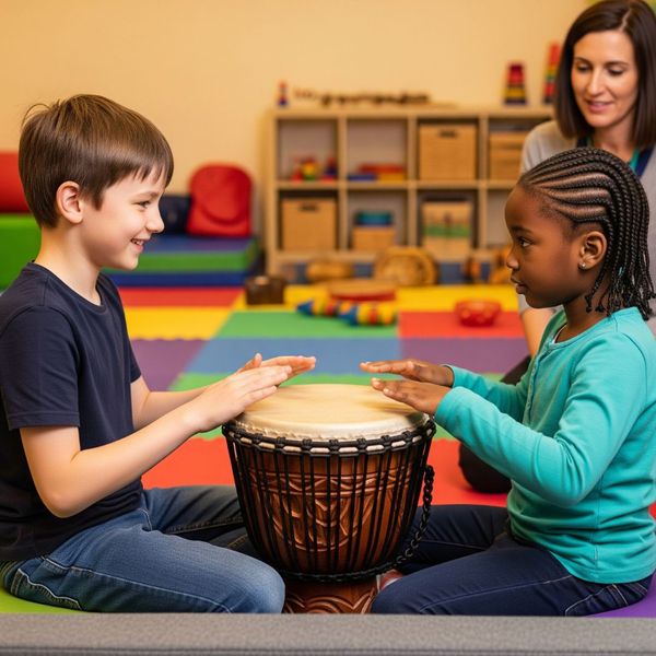 Two children happily share a drum, learning about cooperation and social skills.