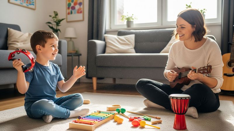 A smiling young child plays a Tamborine with a music therapist in a bright, welcoming room.