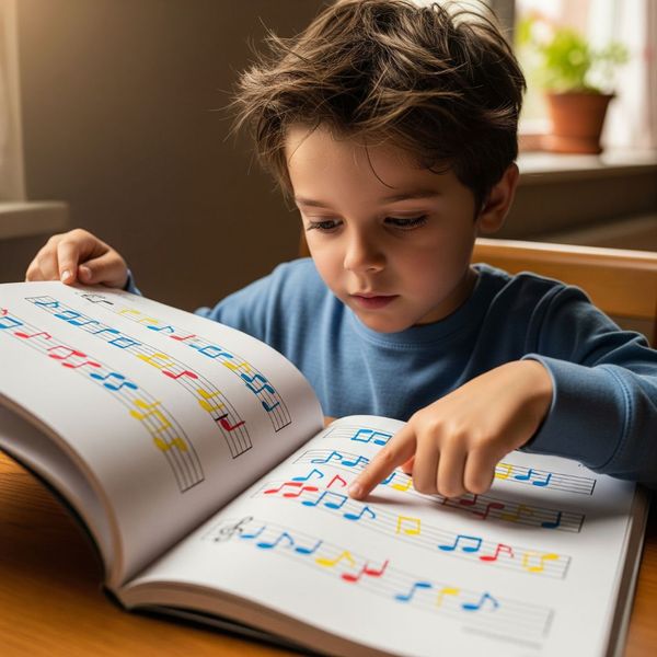 A young child intently looks at a music book, demonstrating cognitive engagement.