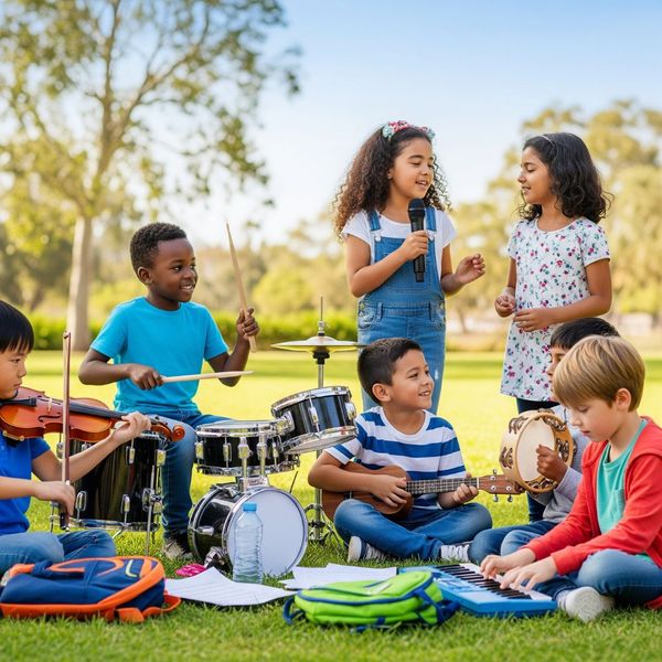 A diverse group of happy young children play various musical instruments together outdoors.