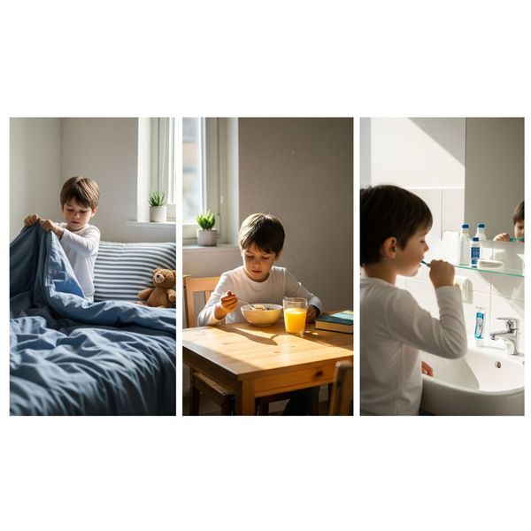  young child follows a visual schedule of their calm morning routine in a tidy room.