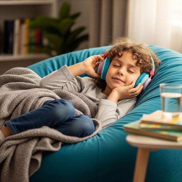 A young child with headphones on has a peaceful expression while relaxing in a beanbag chair.
