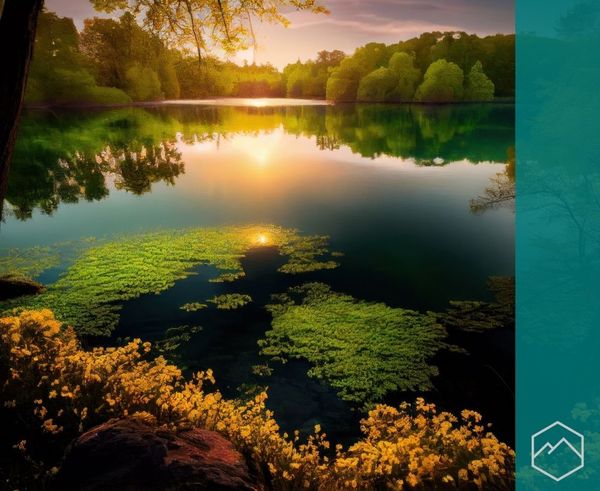 A vibrant green lake surrounded by trees with the sunset reflecting on the water. A vibrant green lake surrounded by trees with the sunset reflecting on the water.