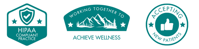 Three trust badges: a green hexagon with "HIPAA Compliant Practice," a green arch with "Working Together to Achieve Wellness," and a green circle with "Accepting New Patients." Three trust badges: a green hexagon with "HIPAA Compliant Practice," a green arch with "Working Together to Achieve Wellness," and a green circle with "Accepting New Patients."