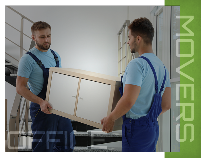 Movers moving a filing cabinet