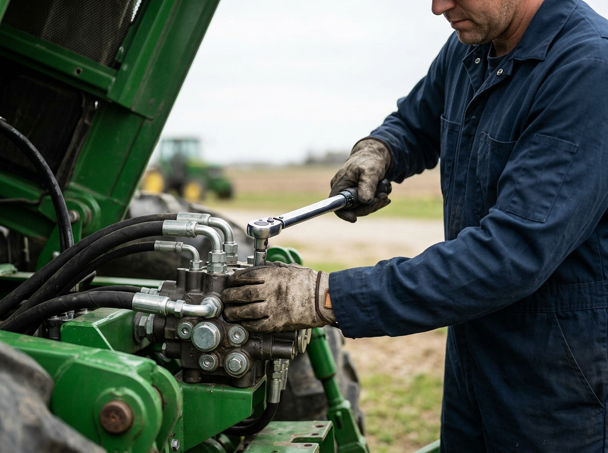 Farm worker repairing tractor engine