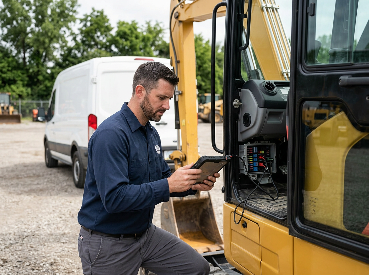 Technician Diagnosing Excavator with Tablet