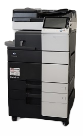 A Konica 458 monochrome copier for sale with black and white covers and optional internal finisher Konica Minolta Bizhub 458