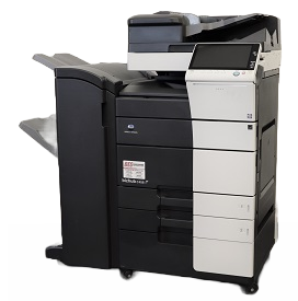 A full-size Konica copier with black and white covers and an optional finisher Konica Minolta Bizhub With Finisher