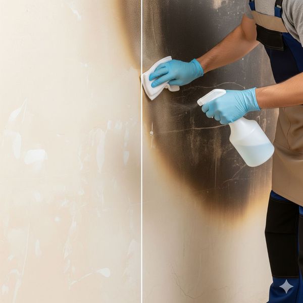 A close-up of a wall being professionally cleaned to remove soot and smoke damage after a fire.