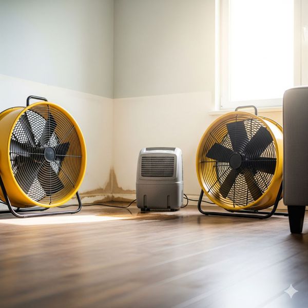 Industrial drying equipment operating inside a home to mitigate water damage.