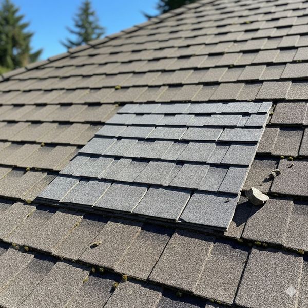A section of a home's roof with new shingles, indicating professional storm repair.