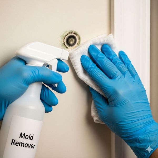 A professional carefully performing mold remediation on a residential wall