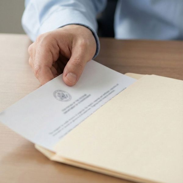 Close-up of a hand filing a partially blurred document into a folder, representing a criminal record or official file.