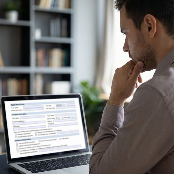 A person looking seriously at a laptop screen showing blurred application forms, illustrating the challenge of background disclosure.