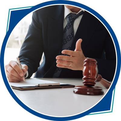lawyer talking, gavel and clipboard