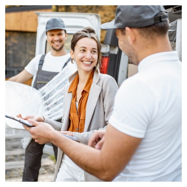 smiling homeowner working with movers