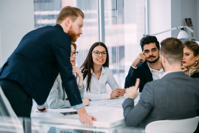 Employees in a company meeting.