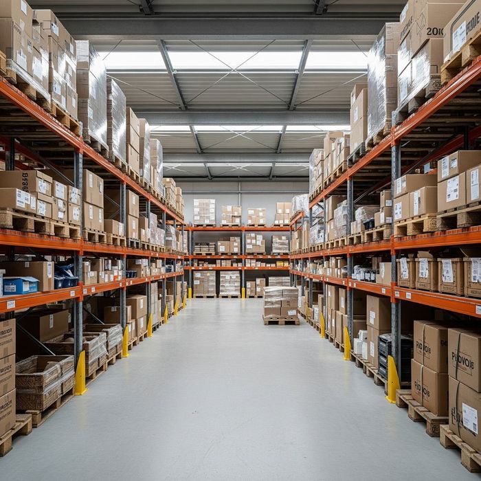 A long aisle in a modern, well-lit industrial warehouse, with tall racks on both sides densely packed with various sizes of cardboard boxes on pallets, conveying a clean and organized storage environment. A long aisle in a modern, well-lit industrial warehouse, with tall racks on both sides densely packed with various sizes of cardboard boxes on pallets, conveying a clean and organized storage environment.