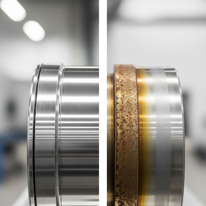Side-by-side comparison of two identical industrial metal components, one on the left appears pristine and polished, while the other on the right is heavily corroded with rust, illustrating the damaging effects of humidity. Side-by-side comparison of two identical industrial metal components, one on the left appears pristine and polished, while the other on the right is heavily corroded with rust, illustrating the damaging effects of humidity.