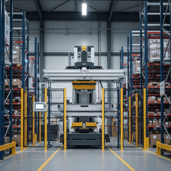 Advanced automated manufacturing machinery or a large industrial robot, enclosed within a protective yellow and black safety fence, located inside a modern industrial indoor storage facility with racking visible in the background.