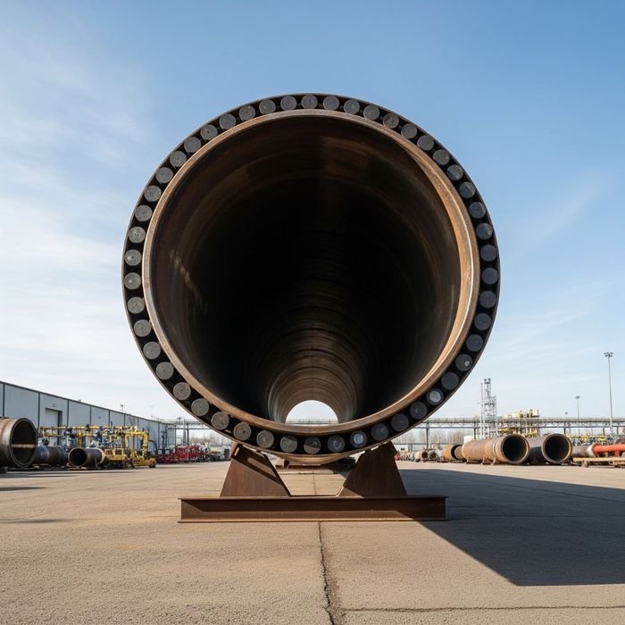Large industrial pipe for oil and gas equipment, seen from the end, stored securely in an outdoor industrial storage yard under a clear blue sky.