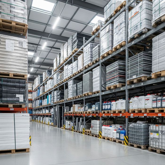 A wide view of a clean, organized industrial warehouse aisle filled with various materials, including palettes of composites, chemicals in containers, and stacked sheets, emphasizing proper storage for maintaining material integrity. A wide view of a clean, organized industrial warehouse aisle filled with various materials, including palettes of composites, chemicals in containers, and stacked sheets, emphasizing proper storage for maintaining material integrity.